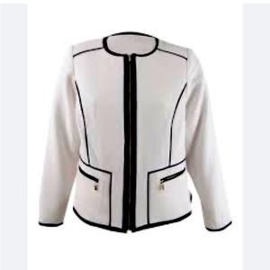 CALVIN KLEIN Zip-Front Piped Piqué Jacket Size 2 in black and white